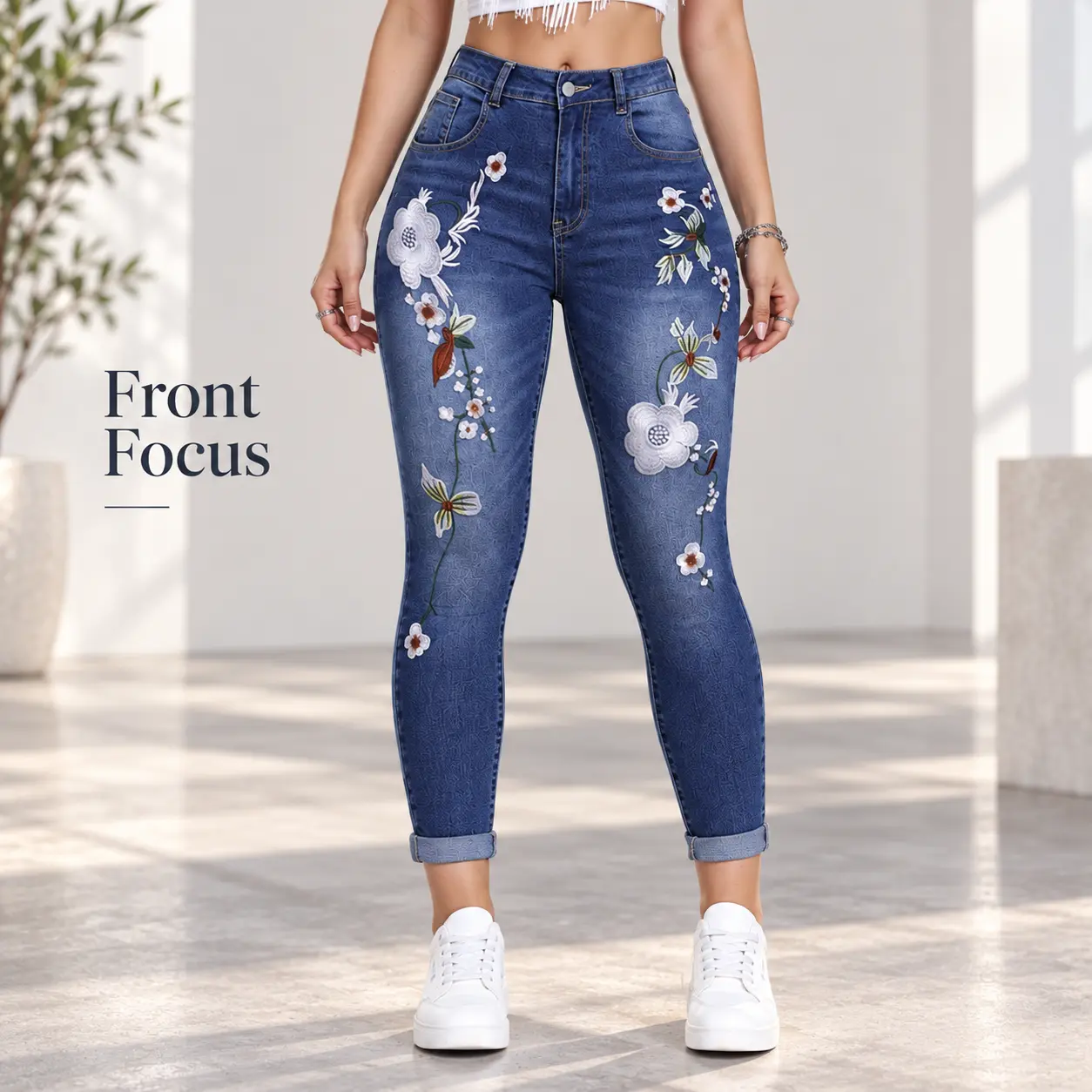 【Black Friday】Women’s Embroidered Elegant Floral High-Waisted Crop Skinny Jeans - Sculpting Blue Denim Trousers with Pockets, Casual Streetwear Bottoms for Work Weekend, All-Season Feminine Items for Women