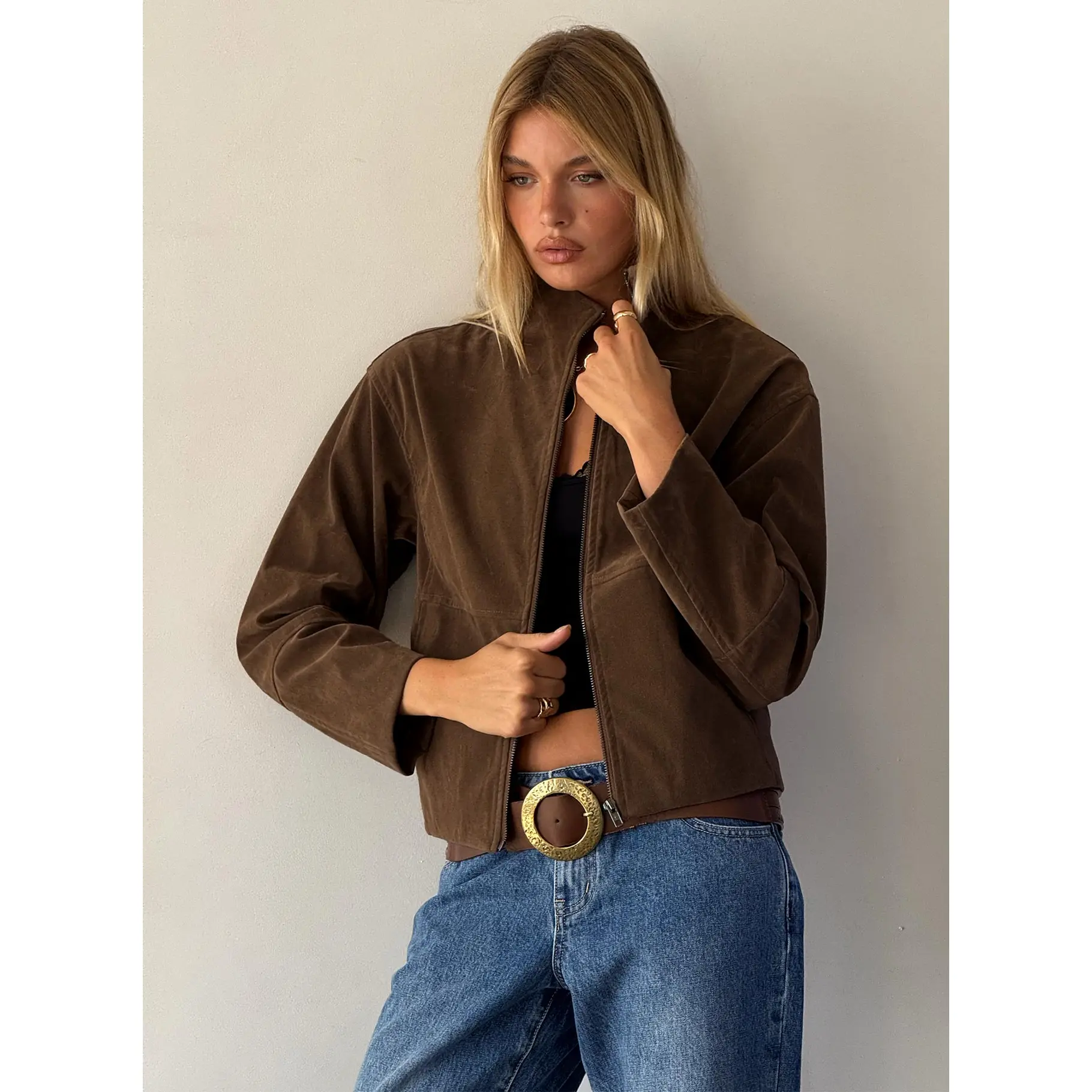 Jessalynn Faux Suede Zip Through Jacket Brown - TikTok Shop