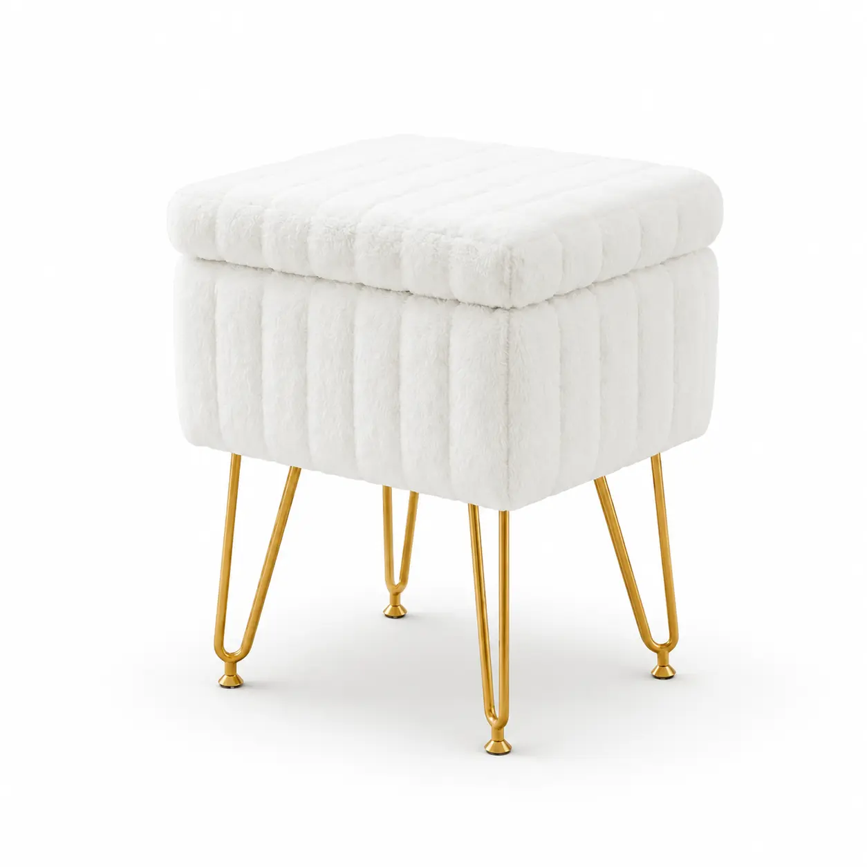 Taburete de Tocador de Piel Sintética con Almacenamiento, Silla de Tocador para Dormitorio o Sala de Maquillaje, Ottoman Suave con Patas de Metal, Reposapiés, Mesa Auxiliar y Fácil Montaje (Blanco)