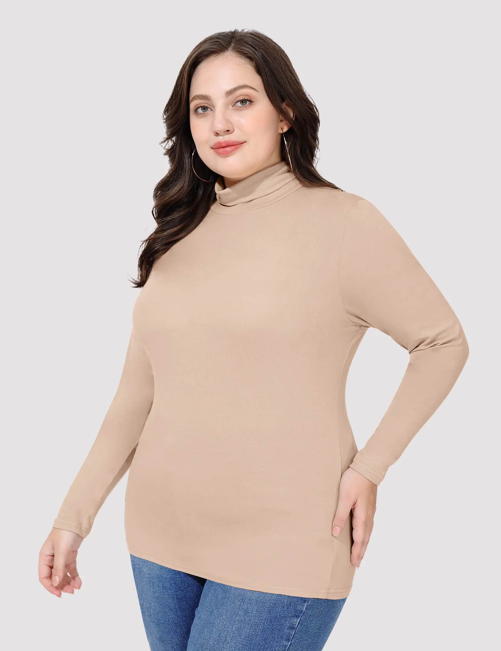 COOTRY Women's Plus Size Mock Neck Top, Solid Long Sleeve Fashion Pullover, Slim Fit Lightweight Stretch Rayon Basic Layering Piece, Longsleeves, Minimalist, Casual, Turtleneck, Thermal, High Neck, Valentines Day, Cosplay, Spandex, Breathable, Fabric, Shi