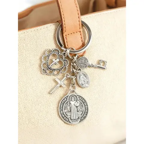 Vintage Plain Alloy St. Benedict Religious Keychain - Cross Prayer Guardian Faith Charm, Christian Gift for Purse & Bag, Travel Fashion Accessory,Catholic Gift