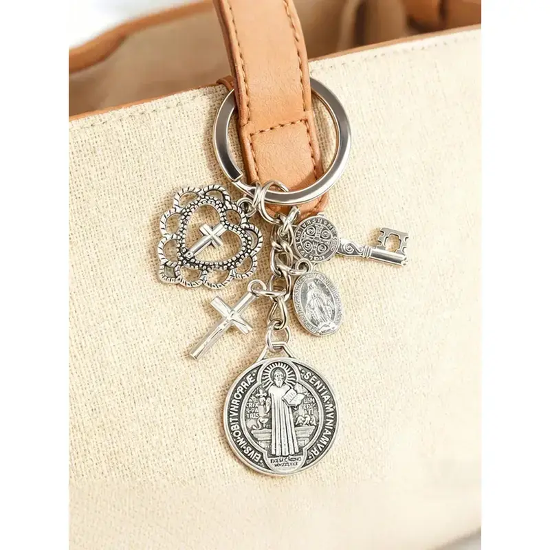 Vintage Plain Alloy St. Benedict Religious Keychain - Cross Prayer Guardian Faith Charm, Christian Gift for Purse & Bag, Travel Fashion Accessory,Catholic Gift