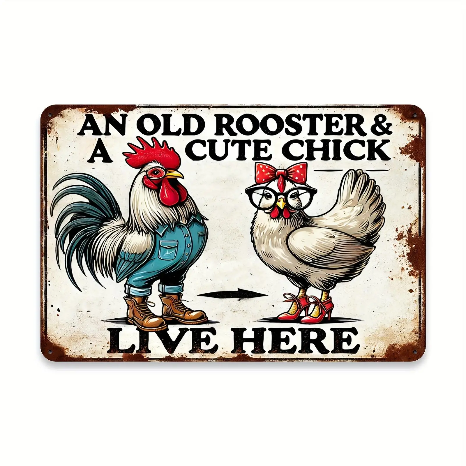 Charming Vintage "An Old Rooster & Cute Chick Live Here" Metal Sign, Rustic Waterproof & Dustproof Home Decor for Living Room, Bedroom, or Kitchen, Perfect Gift (8x12 Inches) Signage Rectangle Design Blue