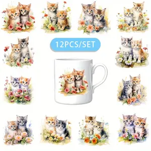 12PCS/SET Watercolor Flower Cat Companion DIY Skinny Tumblers Wrap Decorative transfer paper UV DTF High Self-adhensive Wraps Transfers Decor Transfer Paper On Cup Crafts Cup Stickers