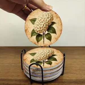 6-piece ceramic coaster set, featuring a vintage hand-painted hydrangea illustration. Heat-resistant, non-slip coasters with holders, perfect for home, dining, and as beverage mats.