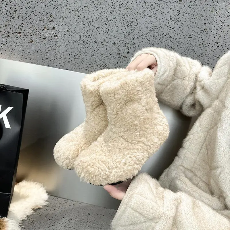 8cm Lamb Wool Insole Height-Increasing Snow Boots for Women, Thickened Warm Furry Short Boots, Mid-Calf Casual Cotton Shoes