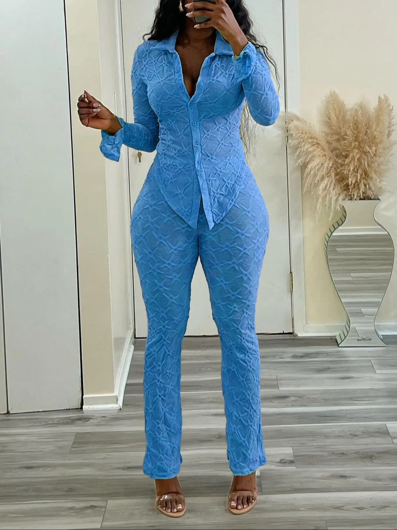 Women's Lace 2 Piece Set, Lady Suits, Sheer Sexy Button Down Top and Bodycon Pants Set See Through Long Sleeve High Waist Y2K Style Clubwear Stretchy Slim Fit Mesh Panel Night Out Transparent Outfit Womenswear Button Front Set, Fitted Pants Set