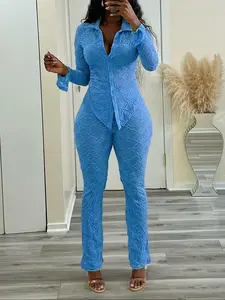 Women's Lace 2 Piece Set, Suits, Sheer Sexy Button Down Top and Bodycon Pants Set See Through Long Sleeve High Waist Y2K Style Clubwear Stretchy Slim Fit Mesh Panel Night Out Transparent Outfit