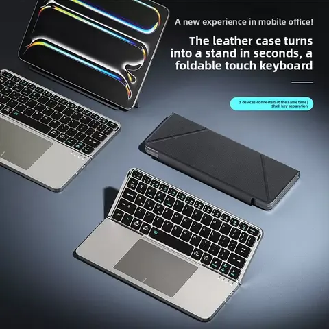 Foldable Wireless External Computer Keyboard with Detachable Leather Stand - Compact Ergonomic Design, Flexible, Touch Typing Mini Build, Compatible with Tablets & Multi-Devices, Office Work Accessories for Mobile Users