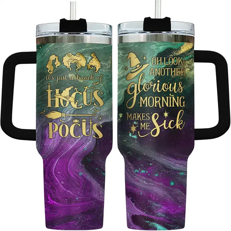 Hocus Pocus 40oz Halloween Tumbler With Handle, Sanderson Sisters Witchy Stainless Steel Travel Mug, Spooky Season Horror Quencher Cup, Gift for Hocus Pocus Fans