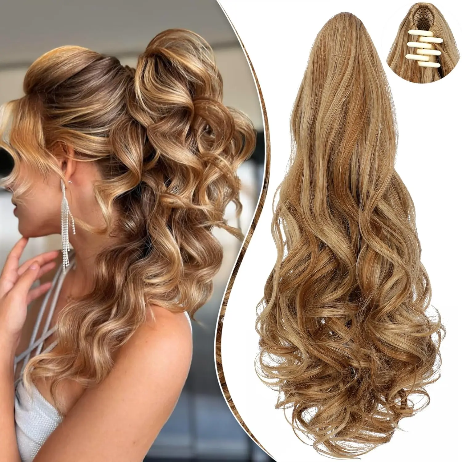 Ponytail Extension Claw 18" Curly Wavy Clip in Hairpiece Ponytail Hair Extensions Long Pony Tail Synthetic for Women Ash blonde mix Ginger Brown