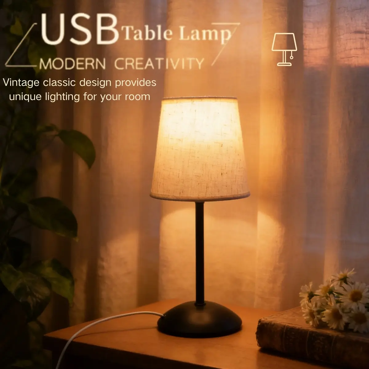 Modern Simple Fabric Table Lamp, USB Plug-In Switch Button, Warm Light, 9-Level Brightness Adjustment, Home Bedroom Reading Lighting, Adjustable Lighting, Dimmable Bedroom Lamps