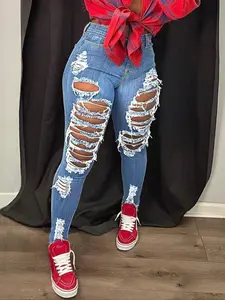 Versatile Ripped Denim Jeans, Vintage Tight-Fitting Jeans, Stylish Distressed Denim Jeans for Everyday Wear, Women's Fashion Jeans