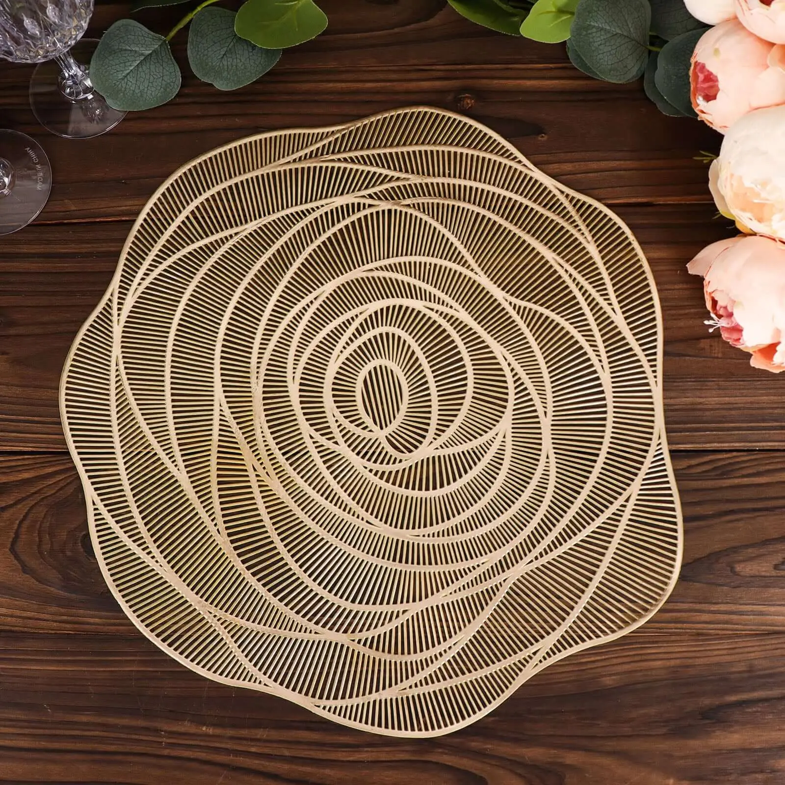 6-Pack Vinyl Glam Tableware Placemats - 15" Rose Floral Round Metallic Gold Household Placemat, Washable Non-Slip Surface for Indoor Dining