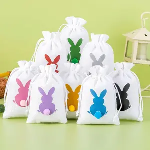 24pcs Easter Burlap Bags, Bunny Jute Gift Bags with Drawstring for Candy, Birthday, Wedding Party Favors, Decoration Supplies, 3.9x5.9IN (White)