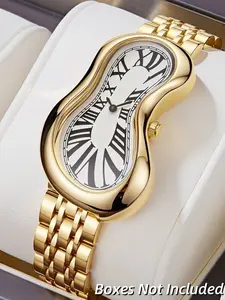 Bold Art Timepiece, Shiny Silver Color Irregular Case, Crocodile Leather Strap, Artistic Dial, Fashion Watch for Women
