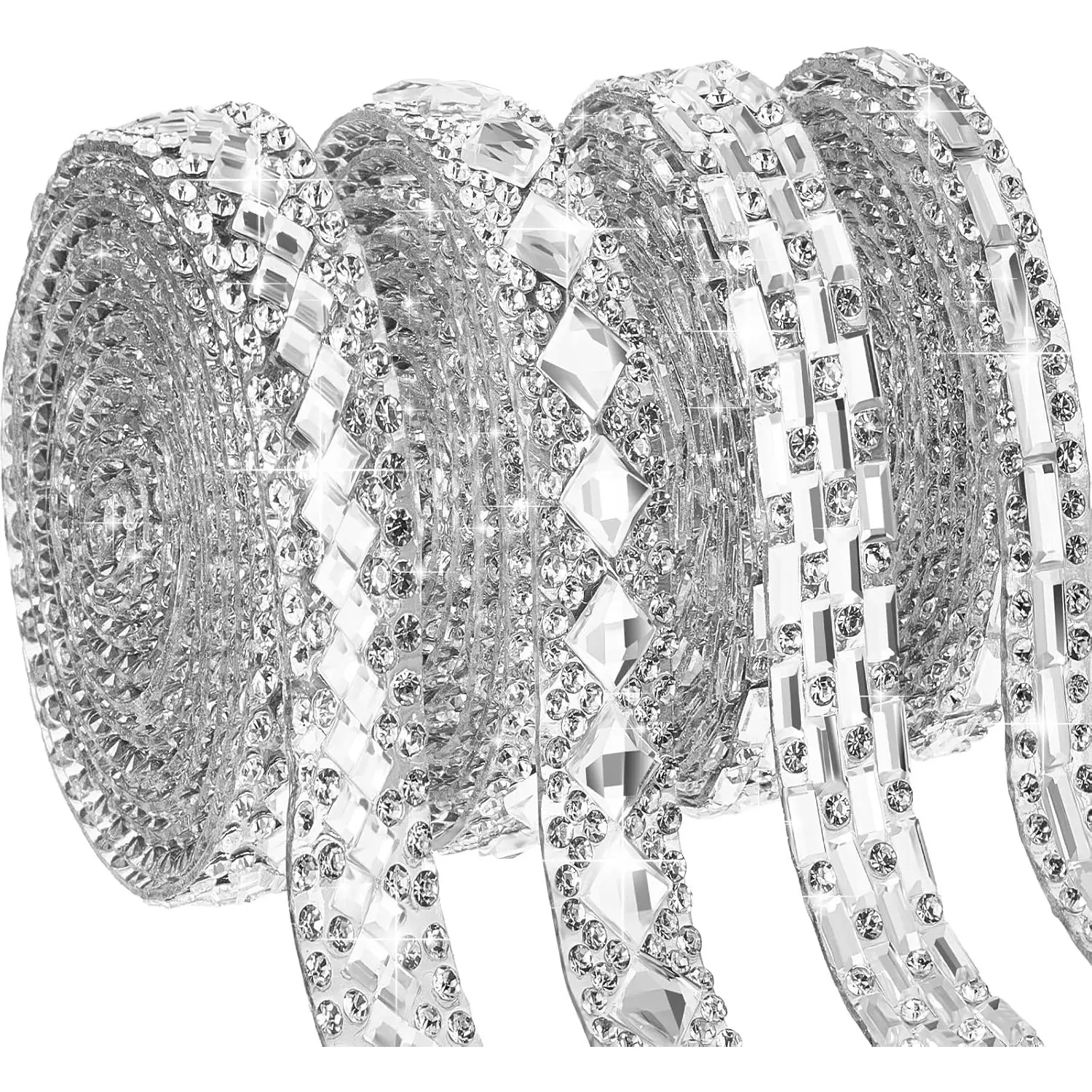 4 Different Styles Self-Adhesive Rhinestone Ribbon - 1yd Each, 4yd Total Length, Glitter Resin Belt for Car Interior Stickers, Home DIY Crafts, Halloween Decorations