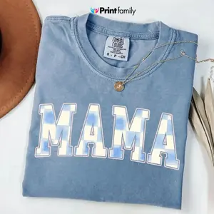 Comfort Colors Blue Gingham Mama TShirt, Cute Mother’s Day Tee For Moms, Soft Vintage Style Graphic T-Shirt, Gift for Her - Printfamily
