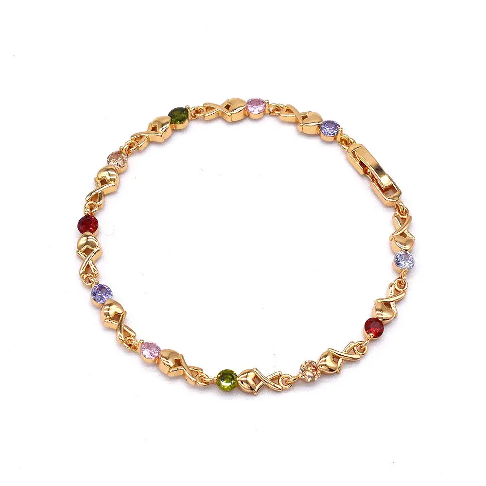 18 Karat Layered Real Gold-Filled Colorful Gems Bracelet, 7.5in Golden Tone Exquisite Bracelet with Layered Design #14, Golden Tone Bracelet