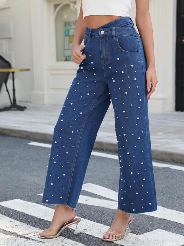 Flvsun-Women's Flare Leg Denim Jeans - Solid Color, Smooth Non-Stretch Woven Fabric - All-Season Casual Wear,Pearl Design,Multi Pockets