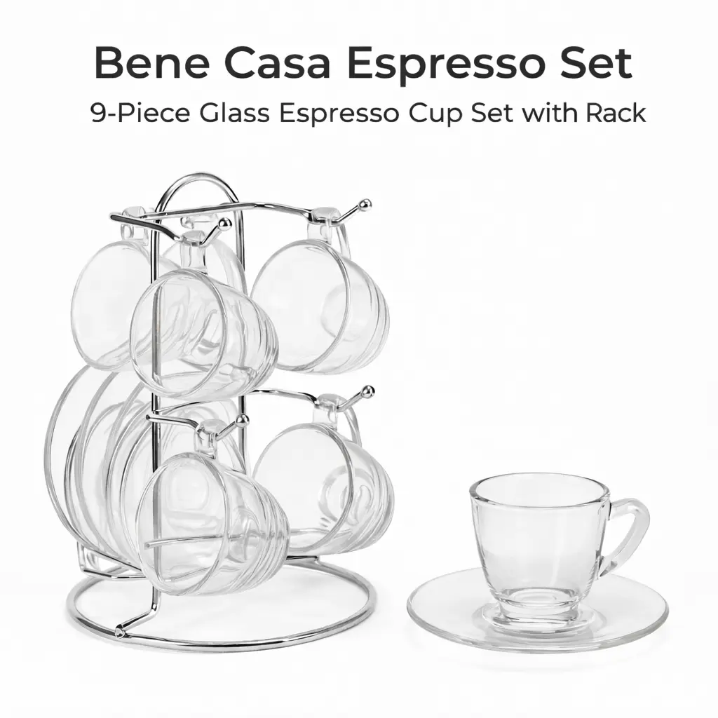 Bene Casa 9-Piece Espresso & Beverage Coffee Cups Set - Stainproof Glass Drinkware, Metal Stand, Ideal for Espresso, Ristretto