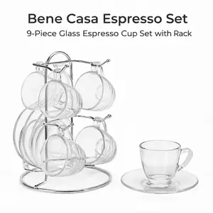 Bene Casa Espresso Cup Set – 9 Piece Glass Espresso Cups with Metal Stand for Espresso Ristretto or Short Coffee