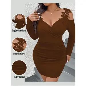 Plus Size Women’s Deep V Lace Trim Fabric Long Sleeve Bodycon Party Dress, Sexy Shoulders-Off Evening Gown, Slim Fit Cocktail Dress