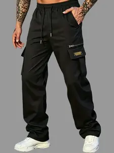Men's Casual Cargo Pants, Relaxed Fit Multi-Pocket Work Pants, Black Elastic Waist Drawstring Tactical Outdoor Track Pants