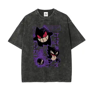 Unisex Anime Pocket Monsters Japanese Text Print Washed T-Shirt,Summer Casual Cotton Shirt