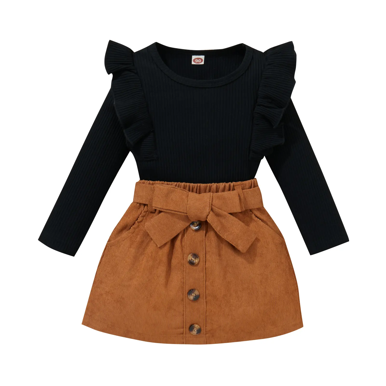 Baby Toddler Girl Outfits Fall Winter Clothes Turtleneck Knitted Cotton Long Sleeves Tops & Button Mini Skirts Set