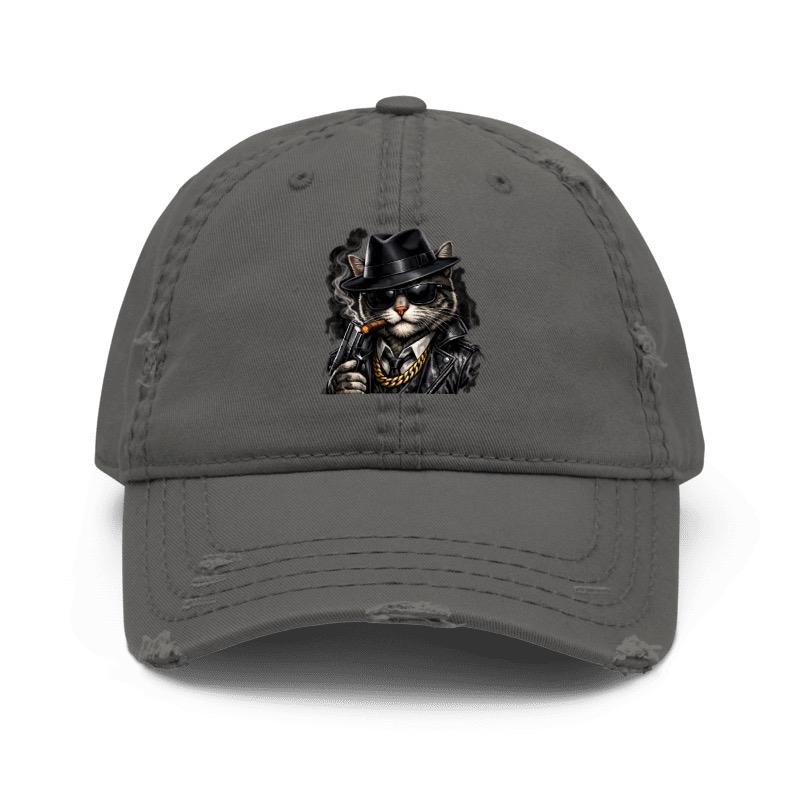 Distressed Cap with Cool Cat Design in Trendy Gray