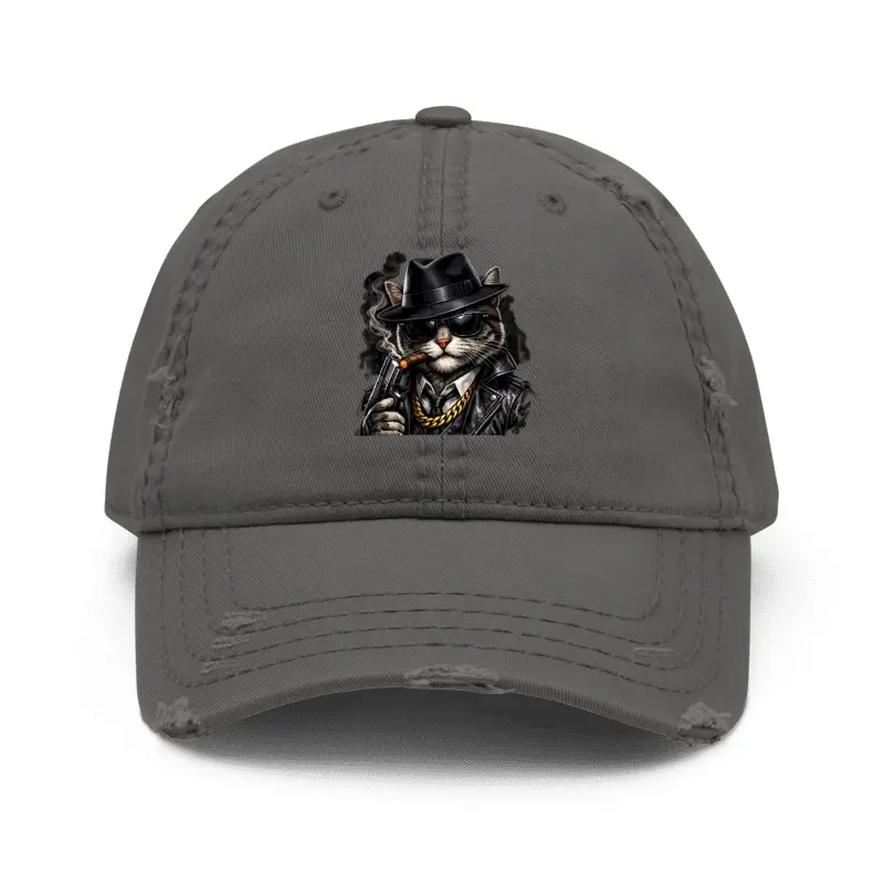 Distressed Cap with Cool Cat Design in Trendy Gray