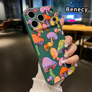 Trippy Mushroom Vibe Pattern Straight Edge Phone Case Soft Phone Case for iPhone 17 16 Pro Max 15 Plus 14 13 12 11 Air XR E XS Plus Shockproof Drop Protection Rugged Durable Silicone Cover