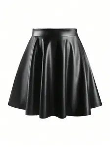 Plus Size Women's Pleated A-Line Fitted Mini Skirt, Cool Fashion Chic Style Leather Short Dress, Party Cocktail Dress, Perfect for Streetwear & Parties, Nightclub