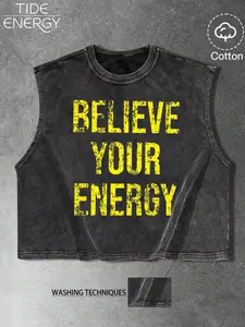 Men's Loose Fit 'believe Your Energy' Washed Vest, Y2K Aesthetic Cotton Street Style, Casual Short Sleeve Top for Fitness & Leisure
