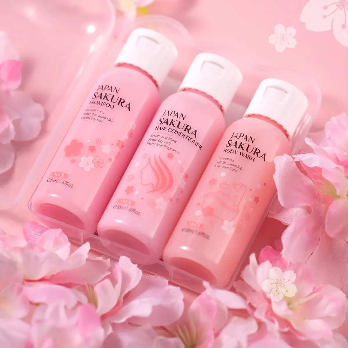 Sakura Scented Bath Set,  3 piece Body Care bathing set, Body Care Bundle ，Shower Gel Shampoo Conditioner Trio, Long-Lasting Fragrance, Moisturizing & Softening Hair, Spa Experience
