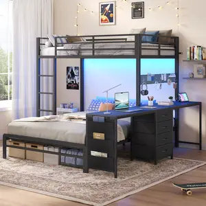 ADORNEVE Bunk Beds Twin Over Full with 2 Person Desk,4 Storage Drawers & Power Strips, Metal Bunk Bed with LED Lights, Pegboard for Kids,Teens Student Bedroom with Safety Guardrail