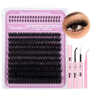 Yawamica Eyelash Extension Kit Fluffy Lash Clusters Kit with Bottom Lashes Wispy Individual Lashes 100D Volume 12-20mm Eyelash Clusters with 5-6mm Bottom Lashes with Bond and Seal and Lash Tweezers