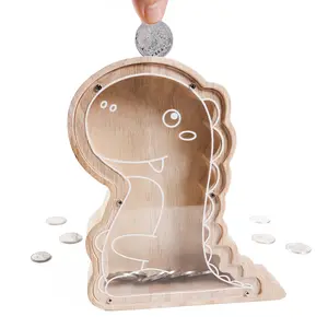 Dinosaur Money Bank， Wooden Coin Bank with DIY Name Stickers, Money Savings Challenge Box for Boys & Girls, Educational Piggy Bank for Birthday Gifts, Christmas, Allowance & Coin Collection