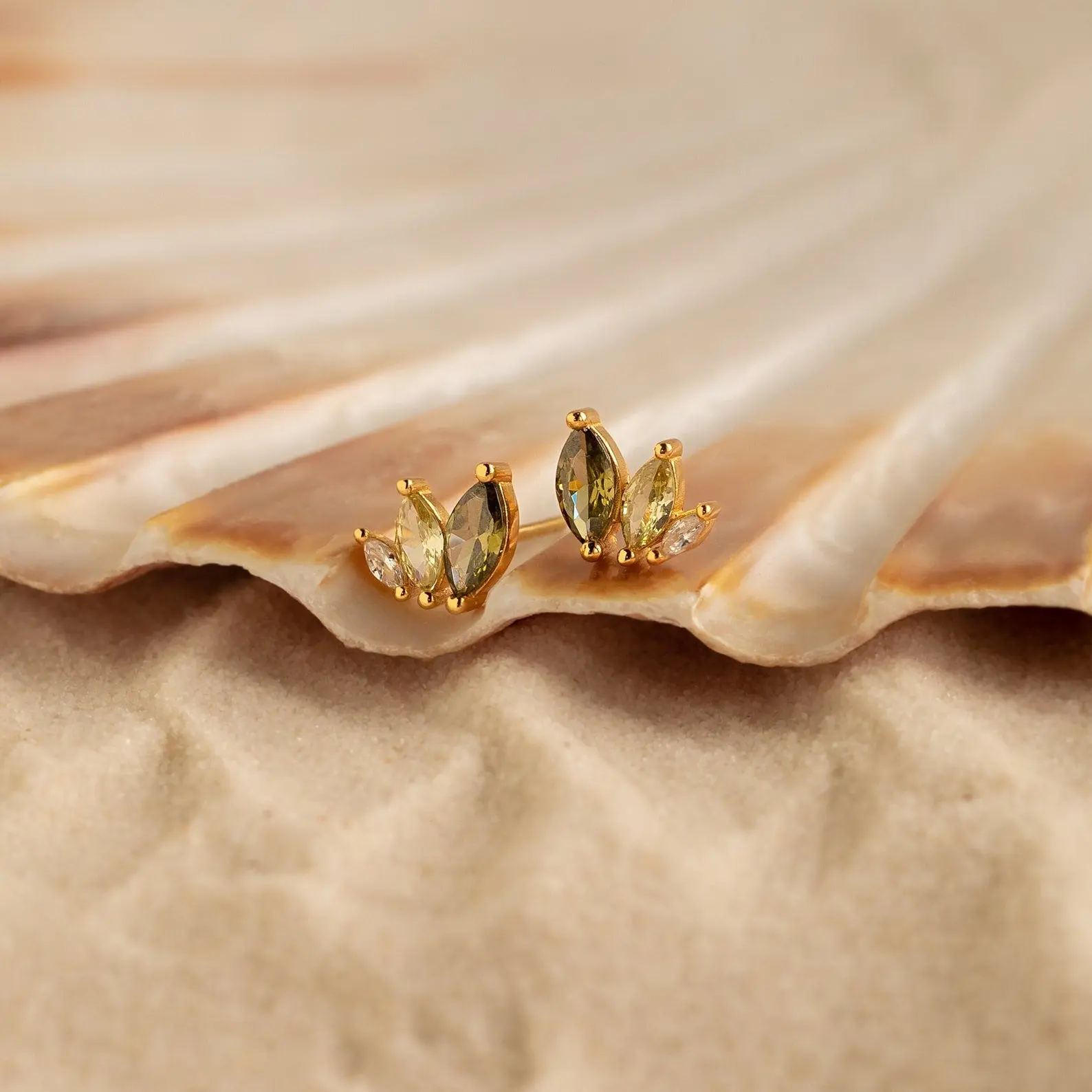Seagrass Peridot Marquise Studs by Caitlyn Minimalist - Dainty Green Crystal Leaf Earrings - Gemstone Jewelry - Summer Beach Jewelry - Gift for Her