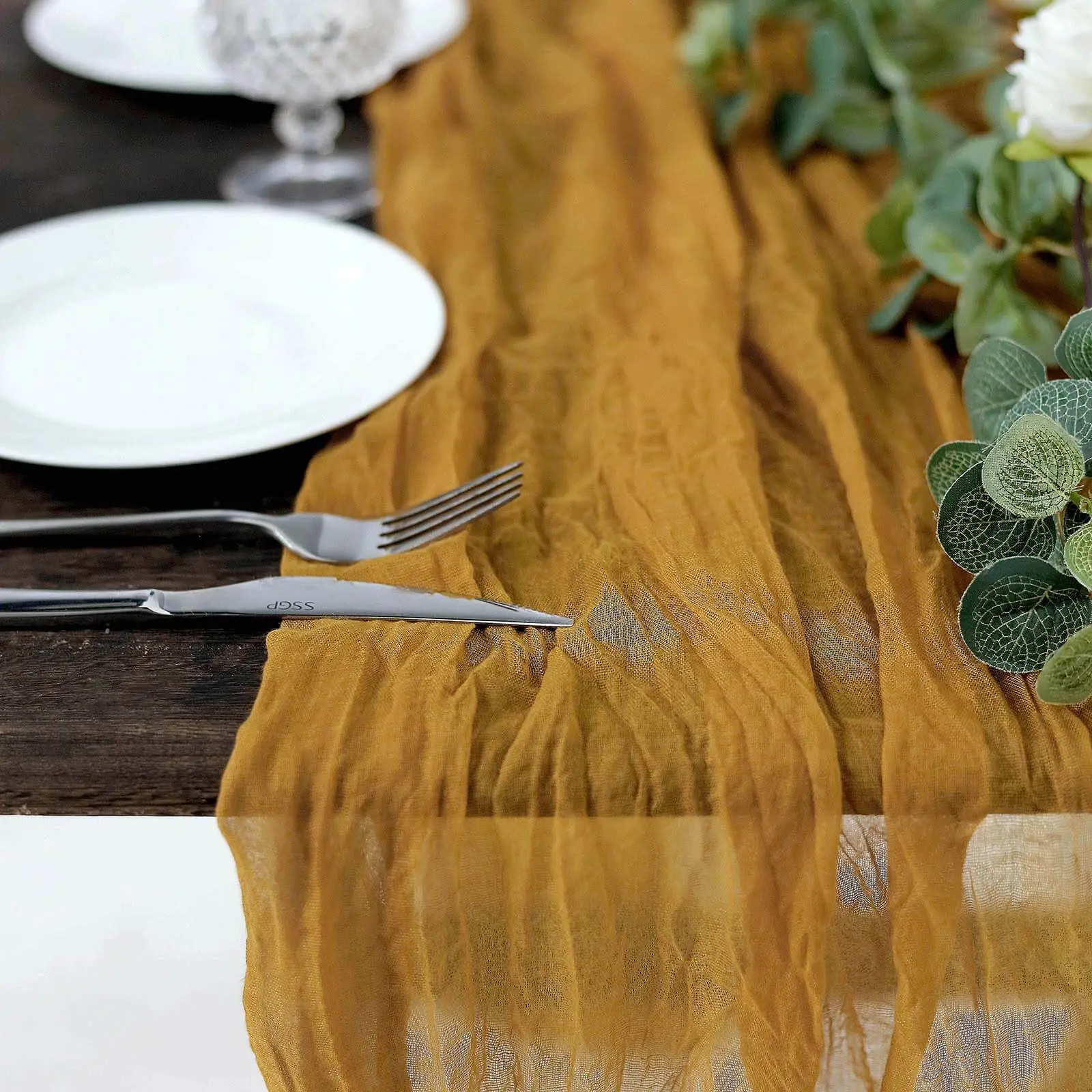 Gauze Cheesecloth Table Runner - 10ft Mustard Yellow, Rustic Boho Style, Sheer But Textured Fabric, Intentional Wrinkle/Fold Texture, Hand Wash Only, Decorative Table Decor for Party Events