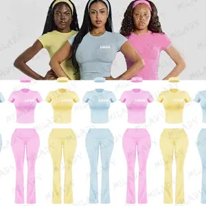 2528 Custom 2 Piece Set Clothing Spring Color Wide Leggings Flared Pants Top T Shirt Loungewear Set Women Tall Girl Friendly stretch sets Suit Outfits