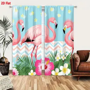 2D Flat Tropical Flamingo & Floral Curtain 2-Piece Set, Light Blue Sky with Yellow Flowers, Pink Chevron Pattern, Green Palm Leaves & Hibiscus Plumeria Blooms, Summer Beachy Window Curtains for Living Room Bedroom Decor