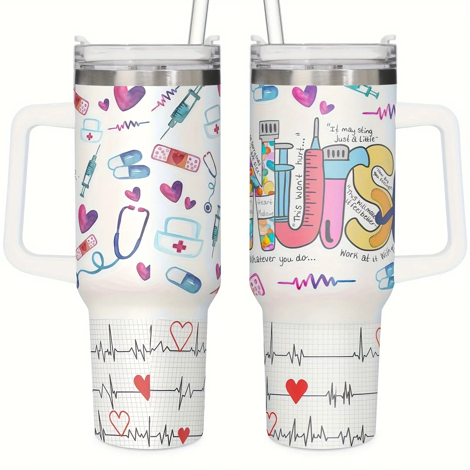 1pc 40oz Double-layer Stainless Steel Insulated Water Cup, Outdoor Car Coffee Cup, Stethoscope Element Illustration Cup, Cup + Lid + Straw Set, Suitable for Outdoor Travel Camping, Nurse Practitioner Appreciation Gift - Nursing School Graduation and Nurse
