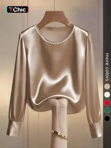 Women's Fashion Long Sleeve Fitted Top, Elegant Satin Round Neck Blouse, Suitable for Casual and Formal Office Commute Shirts