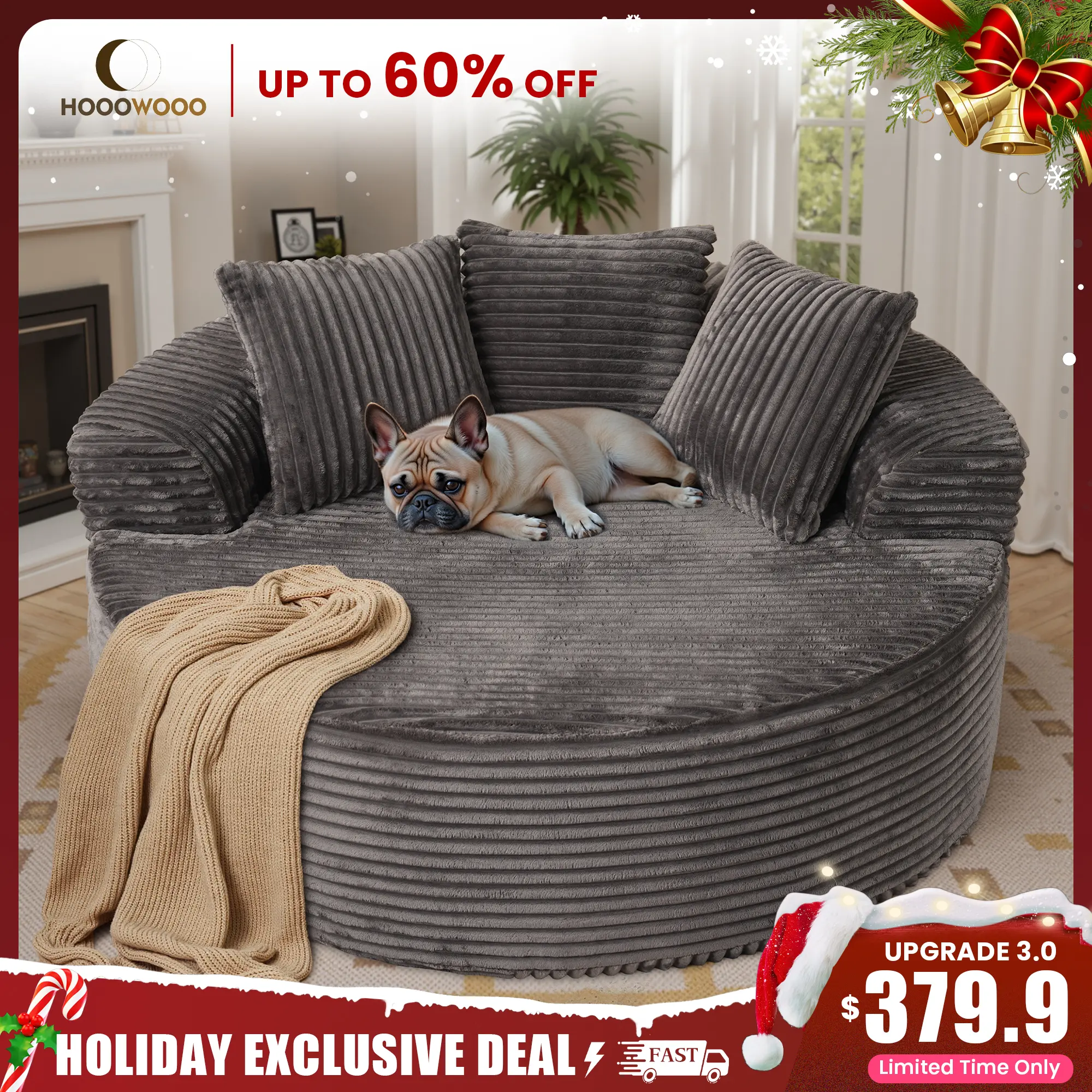 HOOOWOOO 59"W Oversized Round Sofa Bed - Modern & Boneless O-Shape Chaise Lounge, Lazy Bean Bag Chair, Deep Seat Couch with 3 Pillows, Plush Corduroy Fabric Chaise Lounge, No Assembly Required
