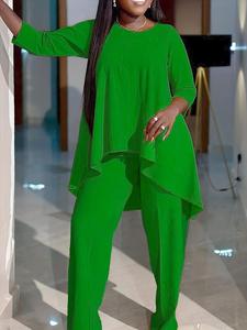 plus size solid round neck set, 2 counts/set  casual cozy long sleeve high low tee & pants for daily wear, women's outfits for spring & fall