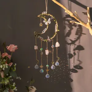 Handmade Crystal Sun Catcher Ornaments, Twine Wrapped Hanging Moon, Floral Butterfly Design, Handcrafted Quality, Rainbow Maker for Home Yard Window Decor, Perfect Birthday, Valentine's Day, Mother's Day gift, Thoughtful Gift Idea, Decoration