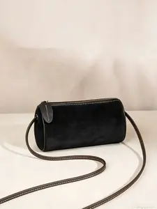 Suede Cylinder Crossbody Bag, Vintage Mini Barrel Purse with Contrast Stitching, Adjustable Leather Strap Small Shoulder Bag for Women, Minimalist Daily & Travel Handbag