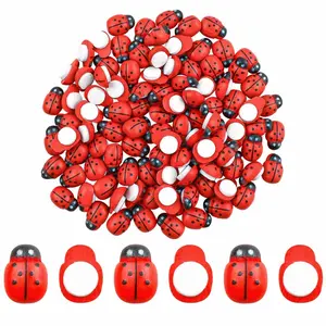 100pcs Mini Ladybugs Figurines, Wooden Ladybug Miniatures for Fairy Gardens, Self-Adhesive 3D Decorations for DIY Crafts & Home Decor